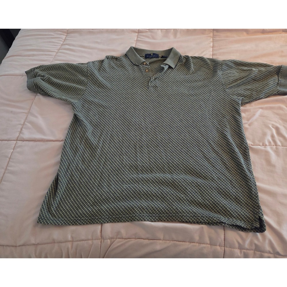 Bill Blass Premium Mens XL Blue Tan Geometric Cotton Short Sleeve Polo Shirt
